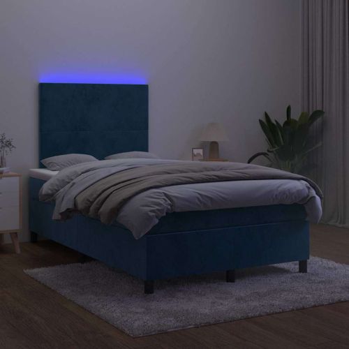 Боксспринг легло с матрак и LED, тъмносиньо, 120x190 см, кадифе