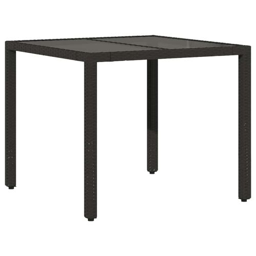 Градинска маса със стъклен плот, черна, 90x90x75 см, полиратан
