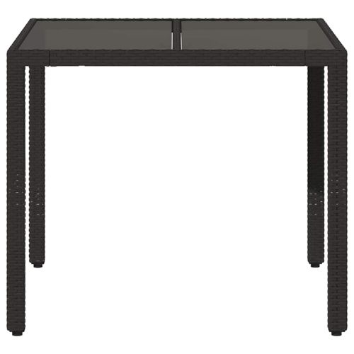 Градинска маса със стъклен плот, черна, 90x90x75 см, полиратан