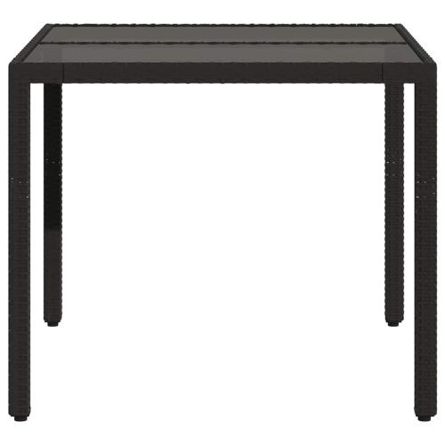 Градинска маса със стъклен плот, черна, 90x90x75 см, полиратан