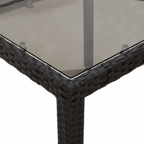 Градинска маса със стъклен плот, черна, 90x90x75 см, полиратан