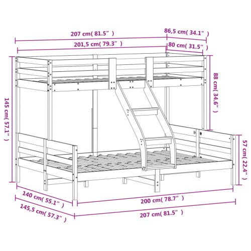 Двуетажно легло, 80x200/140x200 см, борово дърво масив