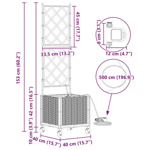 Градинска саксия с напояване и колела Черно 40 x 40 x 148 см ПП