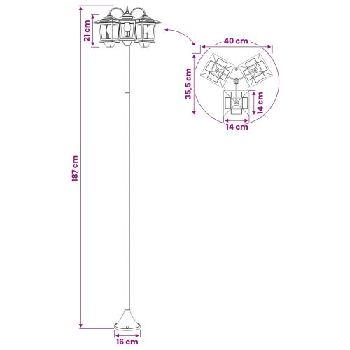 Уличен лампост с 3 глави Черно 16 x 16 x 187 см Алуминий и ABS
