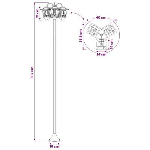 Уличен лампост с 3 глави Черно 16 x 16 x 187 см Алуминий и ABS