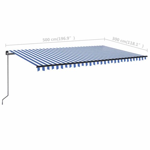 Ръчно прибиращ се сенник с LED, 500x300 см, синьо и бяло