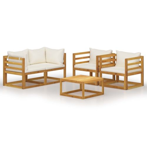 Градински комплект с кремави възглавници, 5 части, акация масив