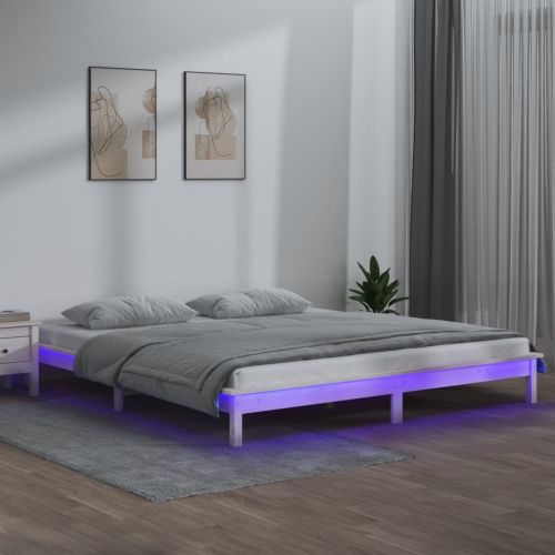 LED рамка за легло бяла 180x200 см Super King дърво масив