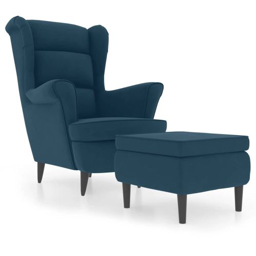 Фотьойл Wingback с табуретка, син, кадифе