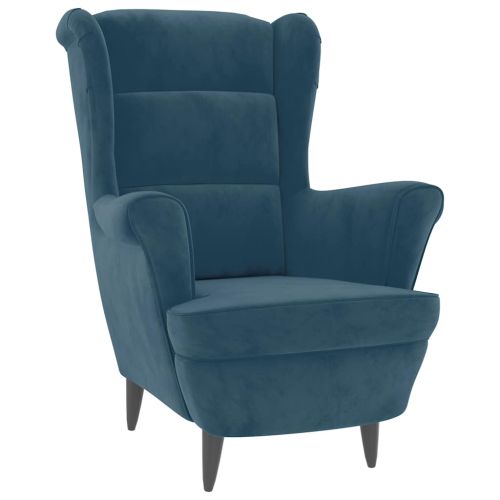 Фотьойл Wingback с табуретка, син, кадифе