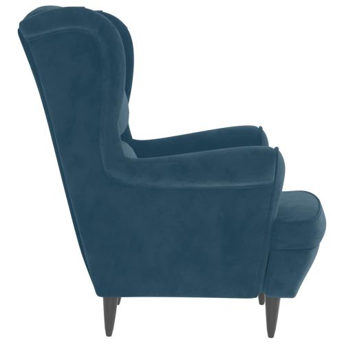 Фотьойл Wingback с табуретка, син, кадифе