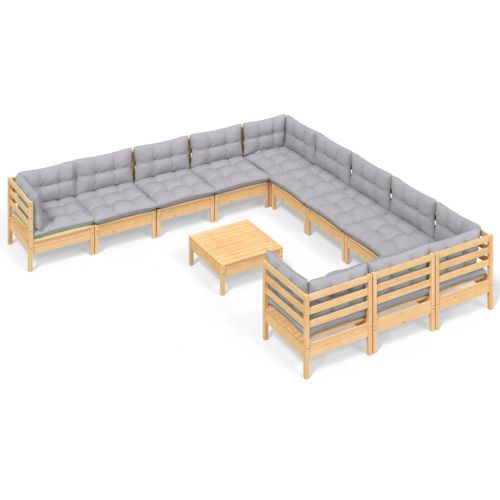 Градински лаундж комплект със сиви възглавници, 12 части, бор