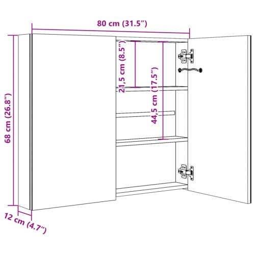 LED шкаф с огледало за баня, бяло и дъб, 80x12x68 см