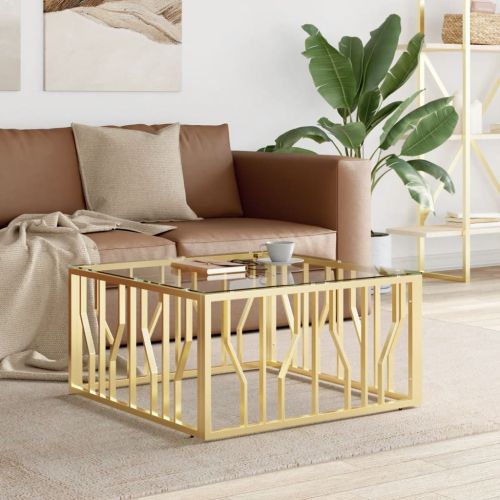 Маса за кафе златиста 80x80x40 cм неръждаема стомана и стъкло