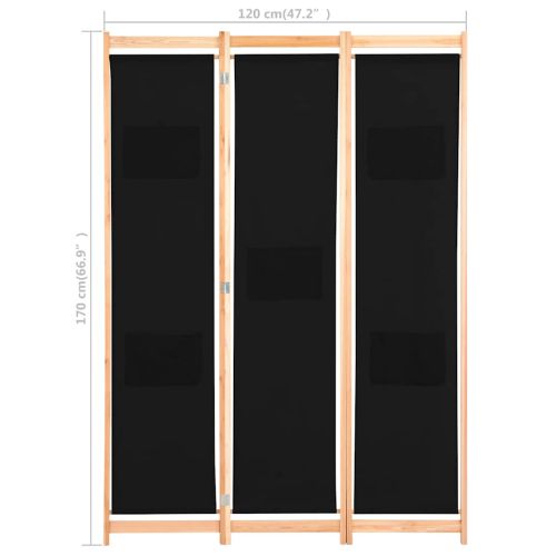 Параван за стая, 3 панела, черен, 120x170x4 cм, текстил