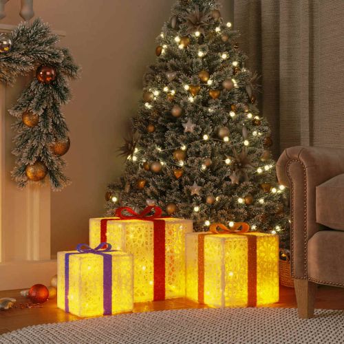 Светещи коледни кутии, 3 бр, 64 LED светлини, топло бяло