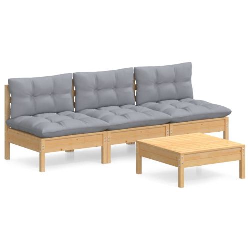 Градински лаундж комплект със сиви възглавници, 4 части, бор