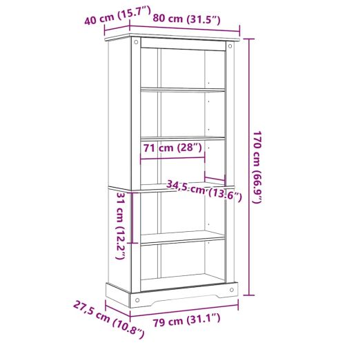 Библиотека с 5 рафта мексикански бор стил Корона 80x40x170 cм