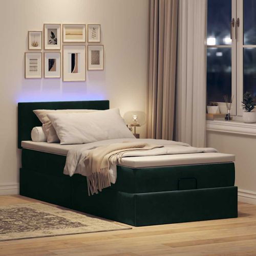 Османска легло с матрак и LED, тъмнозелено, 80x200 см, кадифе