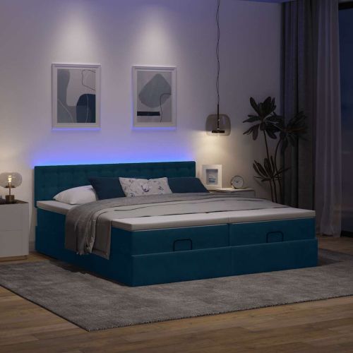 Османска легло с матраци и LED, тъмносиньо, 160x200 см, кадифе