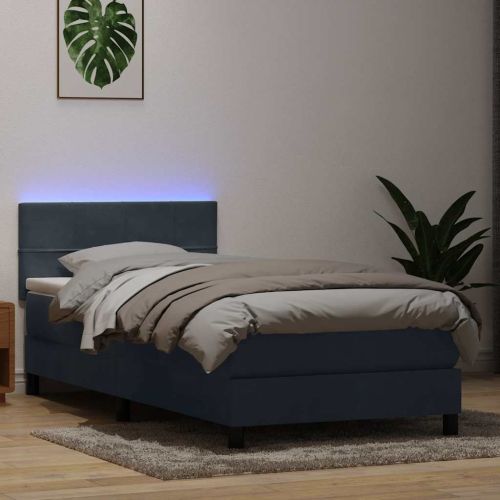 Боксспринг легло с матрак и LED, тъмносиво, 90x220 см, кадифе