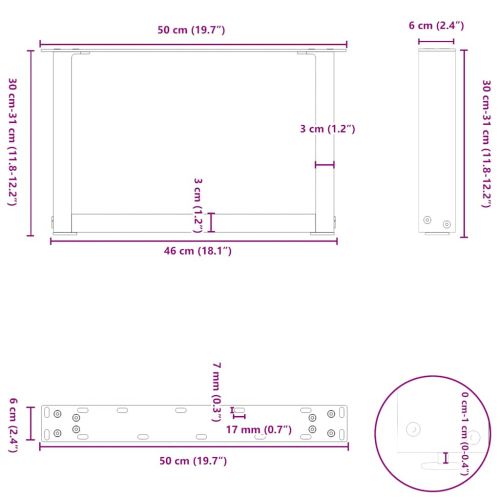 Крака за масичка за кафе, U-образни, 2 бр., естествена стомана, 50 x (30-31) см, стомана