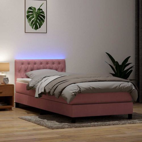 Боксспринг легло с матрак и LED, розово, 90x210 см, кадифе