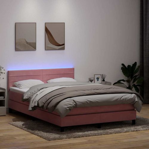Боксспринг легло с матрак и LED, розово, 140x220 см, кадифе