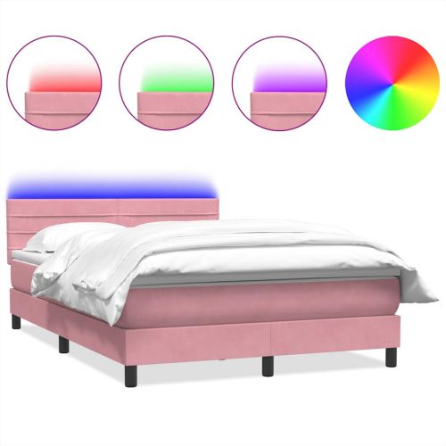 Боксспринг легло с матрак и LED, розово, 140x220 см, кадифе