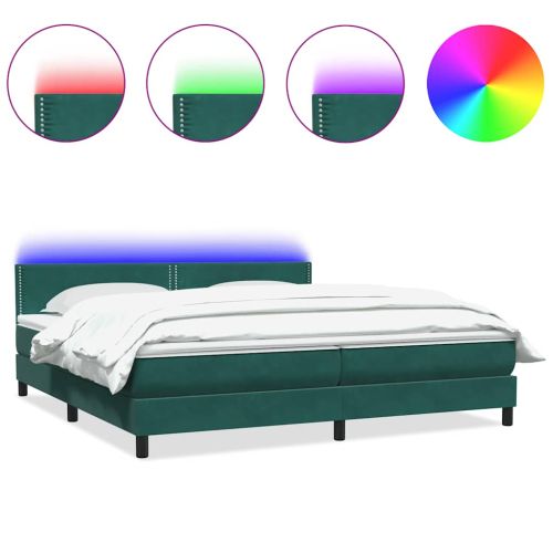 Боксспринг легло с матрак и LED, тъмнозелено, 180x220 см, кадифе