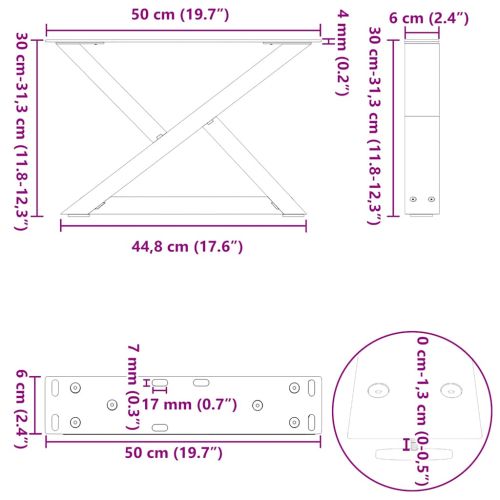 Крака за масичка за кафе, 2 бр., естествена стомана, 50 x (30-31,3) см, стомана