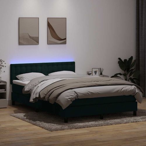 Боксспринг легло с матрак и LED, тъмнозелено, 160x220 см, кадифе