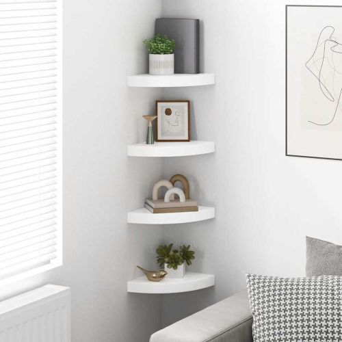 Плаващи ъглови рафтове, 4 бр., бяло, гланц, 25x25x3,8 см, MDF