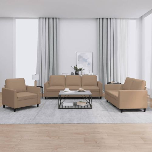 Комплект дивани 3 части с възглавници капучино изкуствена кожа