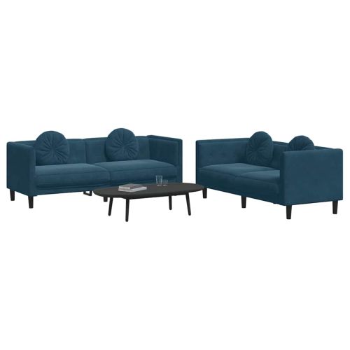 Комплект дивани 2 части с възглавници син кадифе