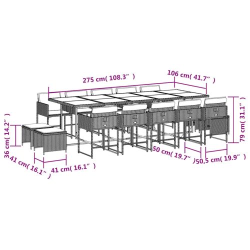 Градински комплект с възглавници 15 части полиратан сив