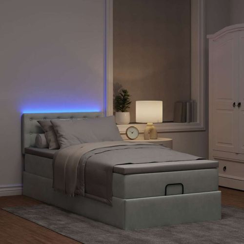 Османска легло с матрак и LED, светлосиво, 90x190 см, кадифе