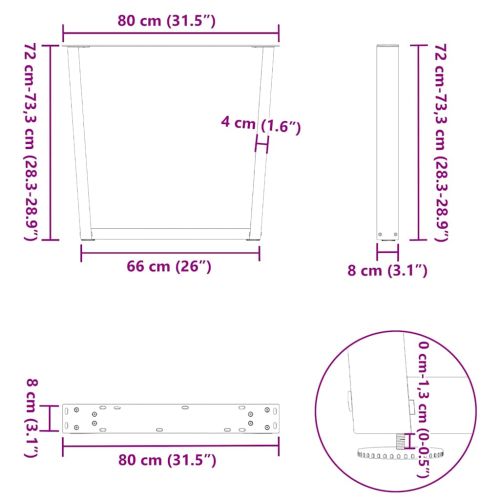 Крака за трапезна маса, V-образни, 3 бр., естествена стомана, 80 x (72-73,3) см, стомана