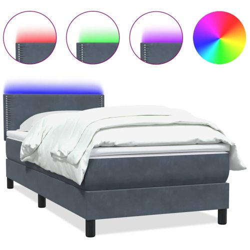 Боксспринг легло с матрак и LED, тъмносиво, 90x220 см, кадифе