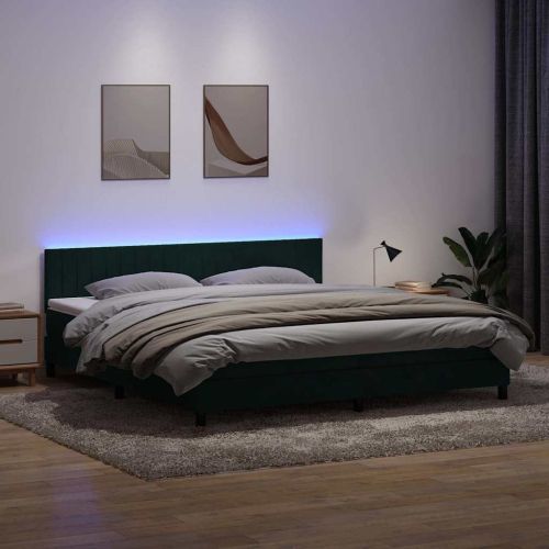 Боксспринг легло с матрак и LED, тъмнозелено, 180x220 см, кадифе