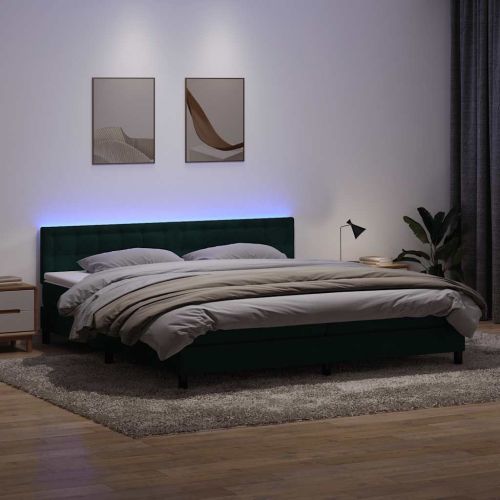 Боксспринг легло с матрак и LED, тъмнозелено, 180x220 см, кадифе