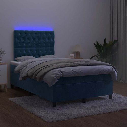 Боксспринг легло с матрак и LED, тъмносиньо, 120x190 см, кадифе