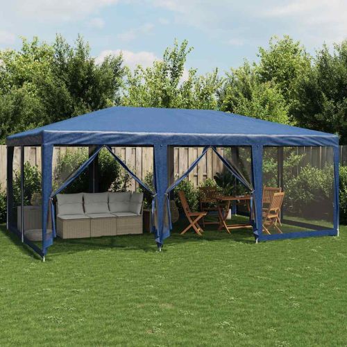 Парти палатка с 10 мрежести странични стени, синя, 6x4 м, HDPE