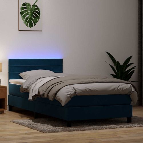 Боксспринг легло с матрак и LED, тъмносиньо, 80x210 cm, кадифе