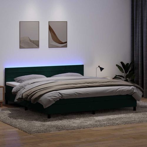 Боксспринг легло с матрак и LED, тъмнозелено, 180x220 см, кадифе
