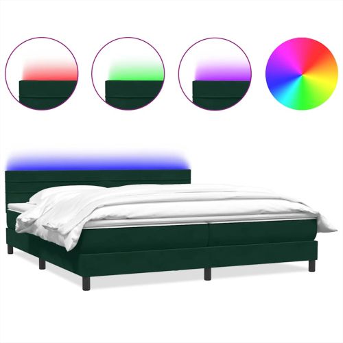 Боксспринг легло с матрак и LED, тъмнозелено, 180x220 см, кадифе