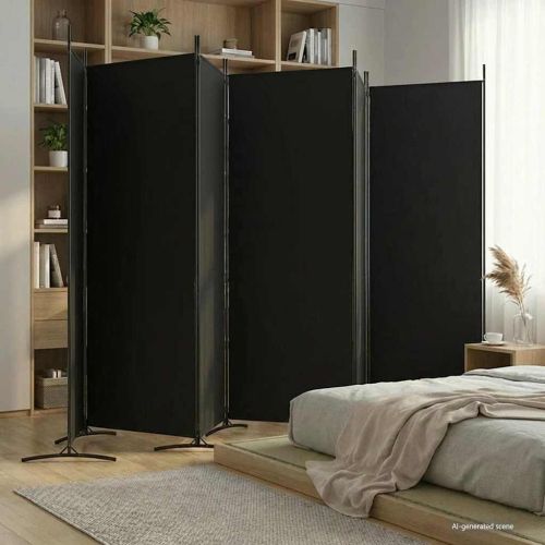 Параван за стая, 6 панела, черно, 520x180 cм, текстил
