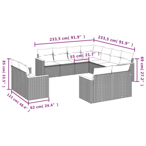Комплект градински дивани с възглавници, 11 части, сив, полиратан
