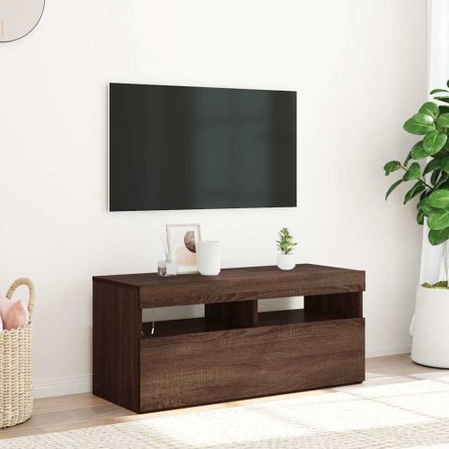 ТВ шкаф с LED осветление, кафяв дъб, 90x35x40 см