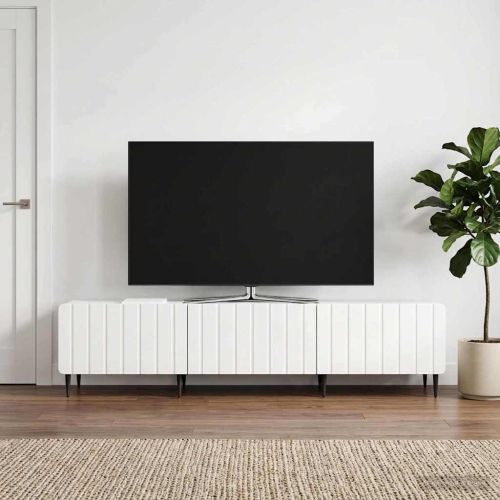 ТВ шкаф Бял гланц 147 x 34,5 x 32 см Инженерна дървесина